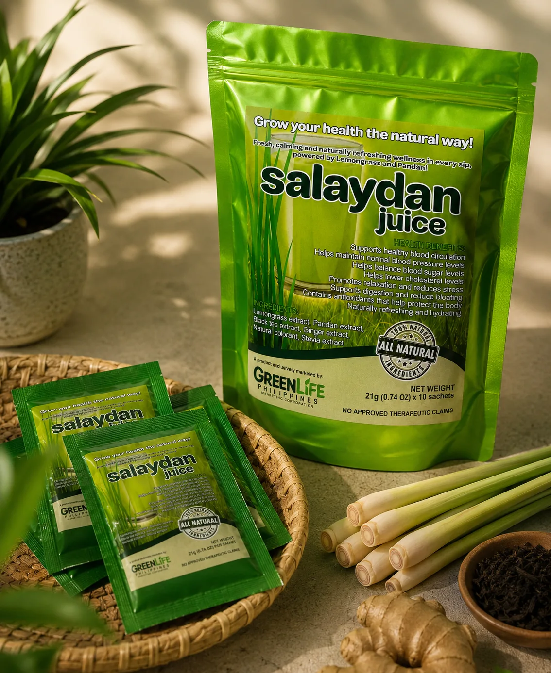 Salaydan Juice pouch with sachets and ingredients