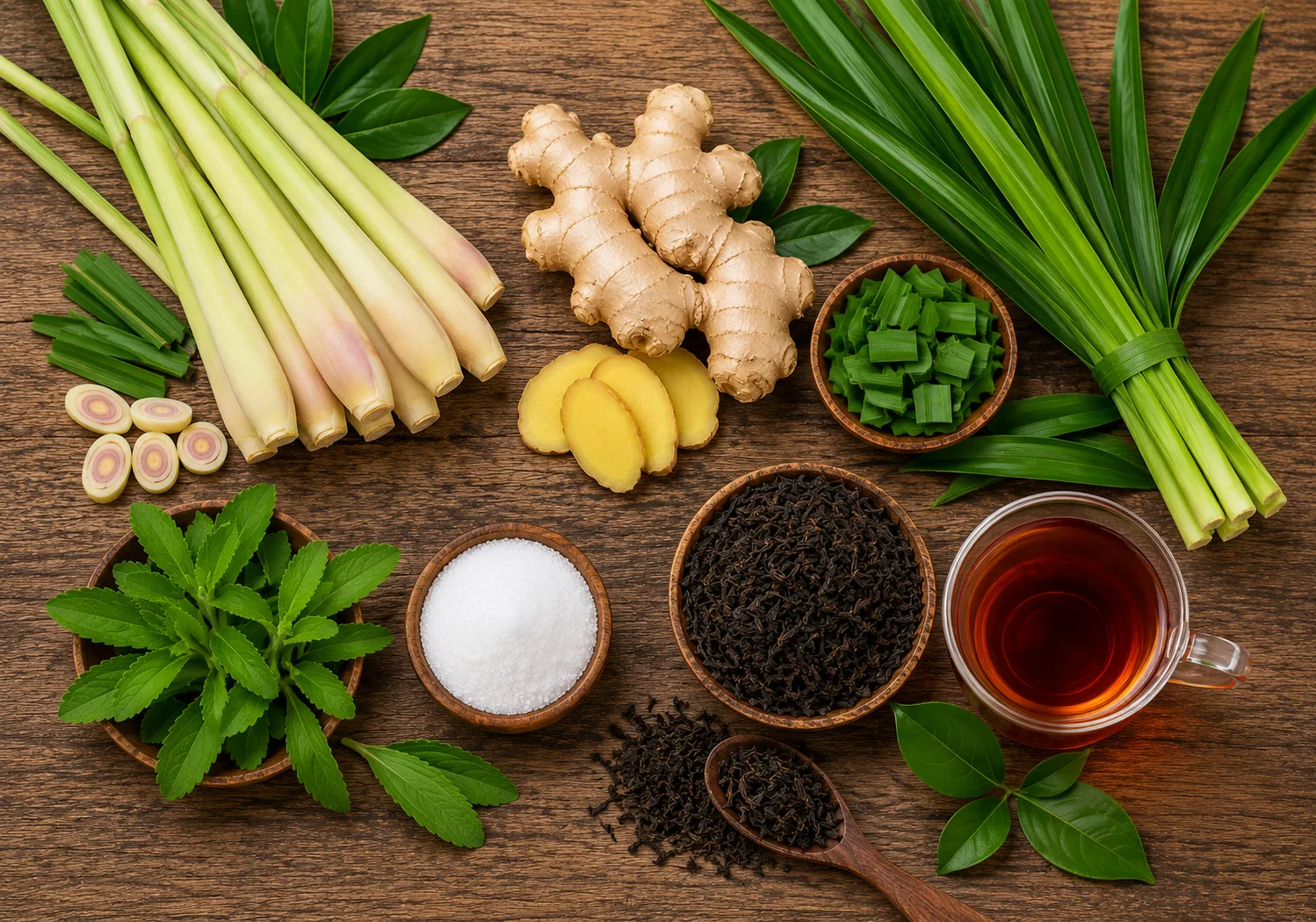 Lemongrass, pandan, ginger, black tea, and stevia